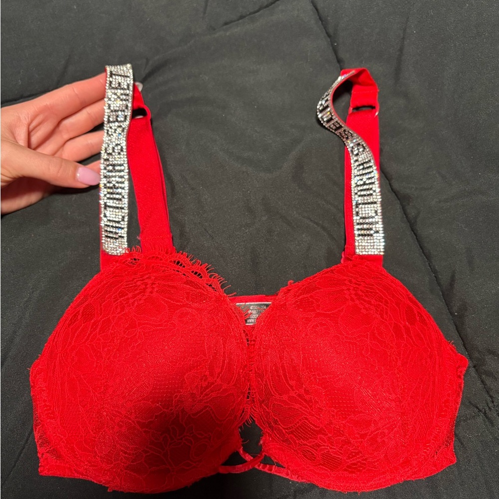 Victoria's Secret Red Lace Bra with rhinestone Straps